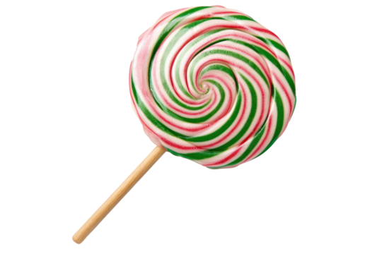 A close-up view of a single large lollipop with a classic swirl pattern, combining rich colors of pink, green, and white. The candy is resting on a wooden stick, emphasizing its shiny texture