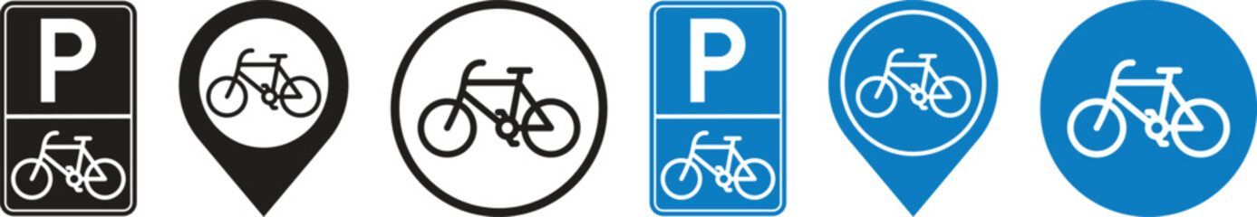 Bicycle parking sign vector icon set. Public bicycle spot information symbol. Warning symbol and permitted bicycle parking. Vector illustration