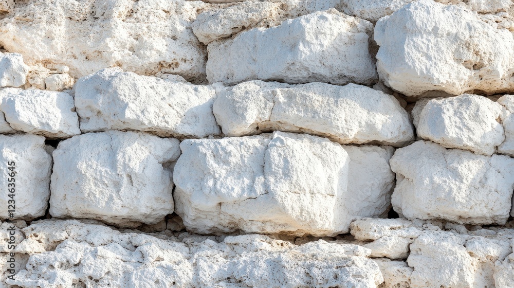 Poster close up view of a textured white stone wall, composed of roughly hewn blocks with variations in siz