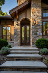 Elegant Home Entrance with Stone Facade and Double Doors. Luxurious Real Estate Property with Modern Architectural Design