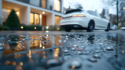 Obraz premium Rainy night, car parked, modern house, puddle reflections