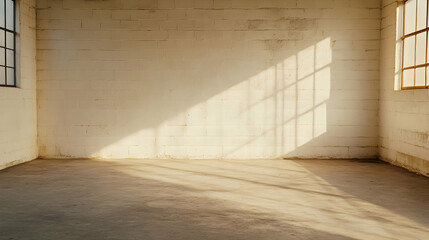 Sunlit empty warehouse room, concrete floor, industrial architecture,  background texture, ideal for product photography