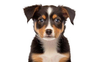 A lively portrait of a mixed breed puppy with a tri-color coat of black, brown, and white. The puppy is standing with one paw slightly raised