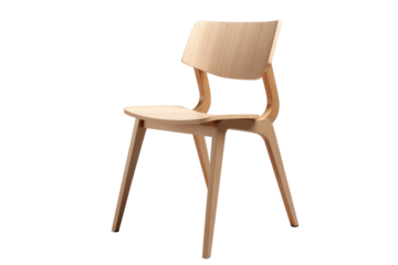 A minimalist Scandinavian-style chair crafted from light-colored wood, featuring clean lines and a simple design. The chair is placed in a modern co-working space with bright colors