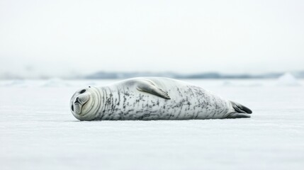 Weddell seal rests on ice in soft polar light under a frozen ocean