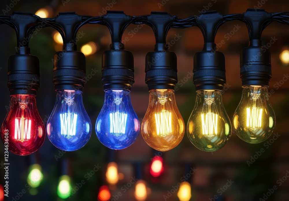 Aufkleber string of colorful led edison bulbs illuminated against a blurred background of bokeh lights. warm a