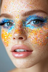 Obraz premium Close up portrait of a young woman with vibrant, colorful glitter makeup. Her face is adorned with blue, yellow, and orange glitter accents, creating