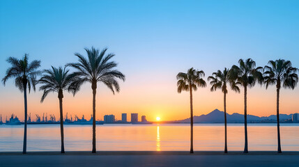 Sunrise over coastal city with palm trees, harbor, and mountains. Ideal for travel brochures