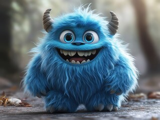A cute blue monster with big eyes and horns, smiling in a forest setting.