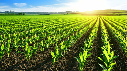 Sunrise over rows of young corn in a vast agricultural field.  Ideal for agriculture, farming, and environmental themes