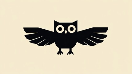 Obraz premium Stylized black owl with outstretched wings on a beige background.