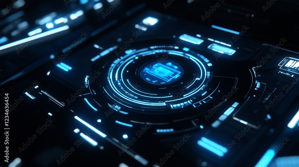 Poster futuristic technology interface with glowing blue circuits and intricate patterns