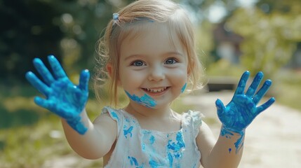 Child joyfully painting outdoors with blue hands and face