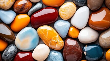 Smooth Stone Collection: An array of smooth, polished stones in vibrant hues of red, yellow, blue, and brown, each with unique patterns and textures.