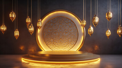 Glowing Islamic Podium with Ornamental Background