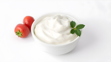 Sour cream or yogurt in white bowl isolated on white background. Generative AI