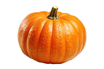 A plump, round pumpkin displaying a deep orange color, highlighted by the natural sheen of its skin. The green stem sits prominently at the top, complementing the overall appearance.