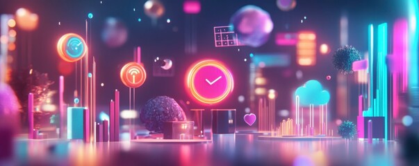 A vibrant digital landscape featuring glowing spheres, neon lights, and abstract elements, creating a futuristic atmosphere.