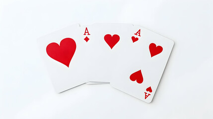 Fototapeta na wymiar Three aces of hearts and diamonds on white background; gambling, poker, luck