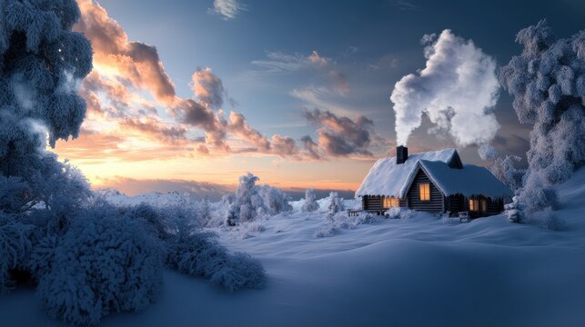 A cozy cabin in a snowy landscape with smoke curling from the chimney. --ar 16:9 --profile ooj6fpf --v 6.1 Job ID: 859a1488-5bfd-4a47-a006-d97b546ac9ad - Powered by Adobe