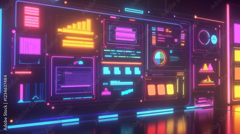 Poster a vibrant, neon-lit dashboard displays various charts and data visualizations, creating a futuristic