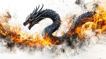 3D Cartoon Dragon Coiled with Flames Isolated on White Background