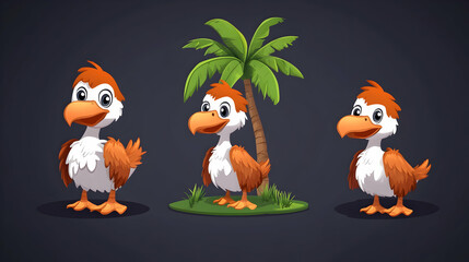 Fototapeta premium Three cute cartoon birds near palm tree, tropical island background; perfect for children's book illustrations