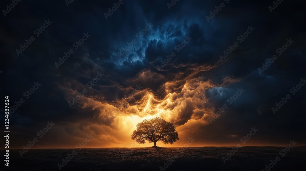 Poster a dramatic storm rolling in over a wide-open prairie with a lone tree.