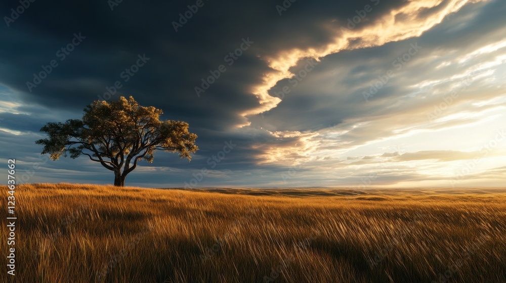 Poster a dramatic storm rolling in over a wide-open prairie with a lone tree.