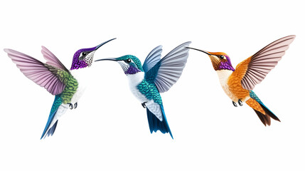 Naklejka premium Three hummingbirds in flight, isolated on white background, for nature designs