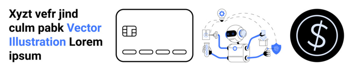 Robot holding credit card, key, and shield with dollar sterling sign, chip card icon. Ideal for fintech, digital payments, financial security, AI e-commerce banking innovation. Landing page