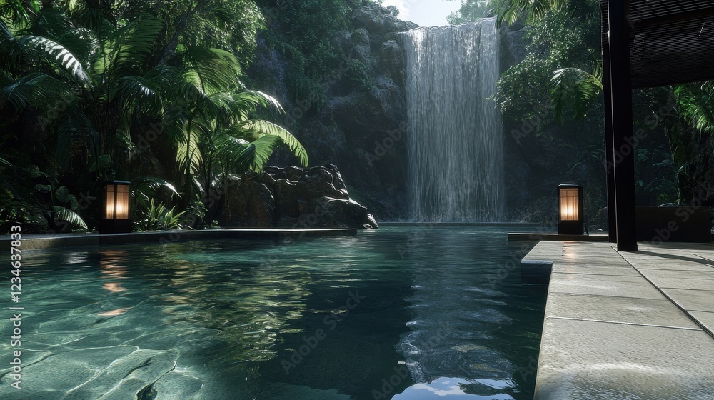 Poster a dramatic waterfall plunging into a crystal-clear pool in a jungle setting.
