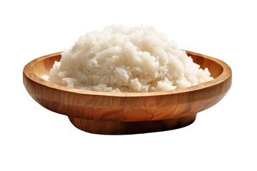 A simple yet appealing plate of white rice, shaped into a neat mound, served on a rustic wooden plate. The rice looks soft and tender, with steam gently rising, creating a cozy and homemade feel