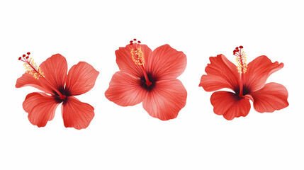 Three red hibiscus flowers, isolated on white background, for floral design or decoration