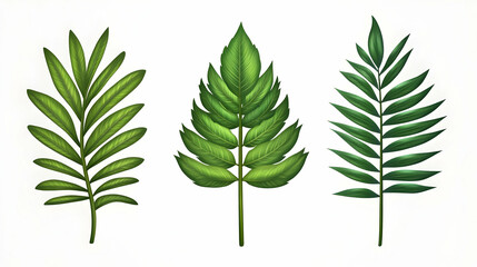 Three tropical green leaves, isolated on white background; perfect for design, websites, or printing