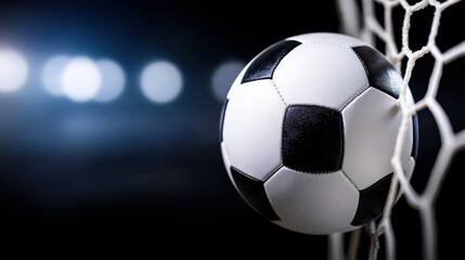 Naklejka premium A close-up of a soccer ball lodged in the goal net, capturing the excitement of a sports moment.