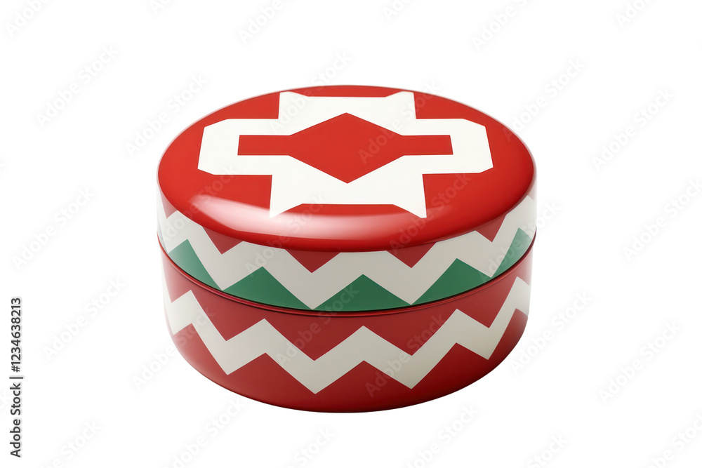 Poster a unique round box decorated with a striking red and green chevron pattern, where the zigzag lines c