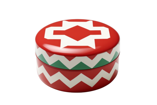 A unique round box decorated with a striking red and green chevron pattern, where the zigzag lines create a modern and eye-catching design. The box has a smooth surface and a secure lid