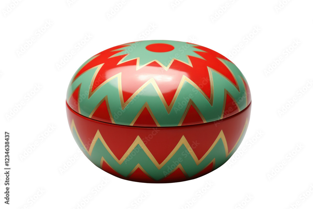 Poster a unique round box decorated with a striking red and green chevron pattern, where the zigzag lines c