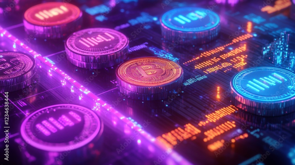 Poster a vibrant, futuristic interface featuring colorful buttons and digital elements, illuminated with ne