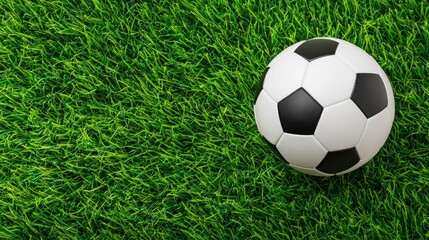 Fototapeta premium A close-up view of a classic black and white soccer ball resting on lush green grass, perfect for sports themes.