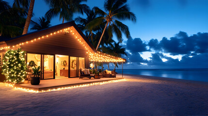 Tropical Beach House Christmas Lights Night Ocean