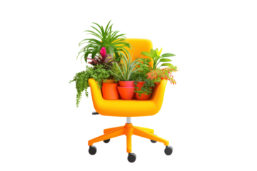 A vibrant, colorful office chair made of durable plastic, featuring a unique shape that adds a playful touch to any workspace. The chair is situated in a bright