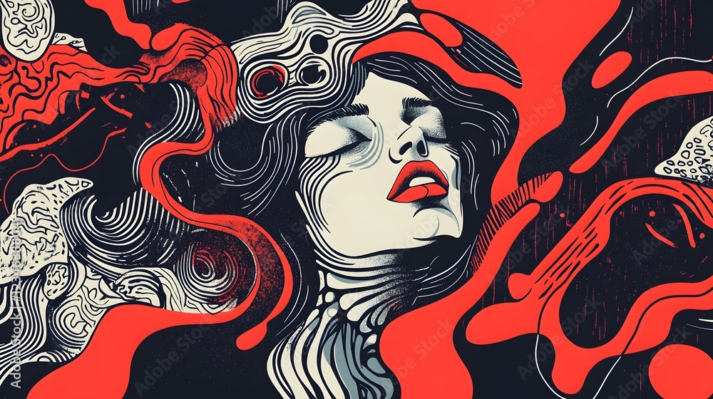 Poster surreal portrait of enigmatic female face in vibrant fluid patterns