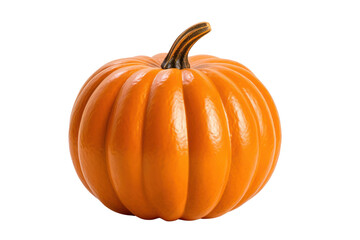 A vibrant orange pumpkin with a smooth, glossy surface, showcasing a slightly ribbed texture around its rounded shape. The stem protrudes from the center, adding a touch of earthy brown.