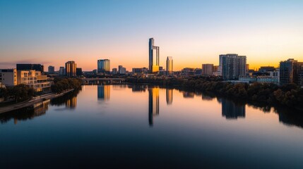 Naklejka premium A panoramic city skyline reflecting in a calm river at dusk.