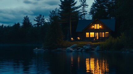 Fototapeta premium A serene lakeside cabin illuminated at twilight with warm lights reflecting on the water