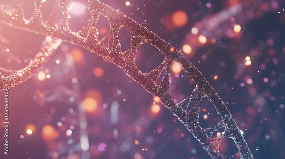 Poster abstract representation of a dna double helix with illuminated particles, a complex molecular struct