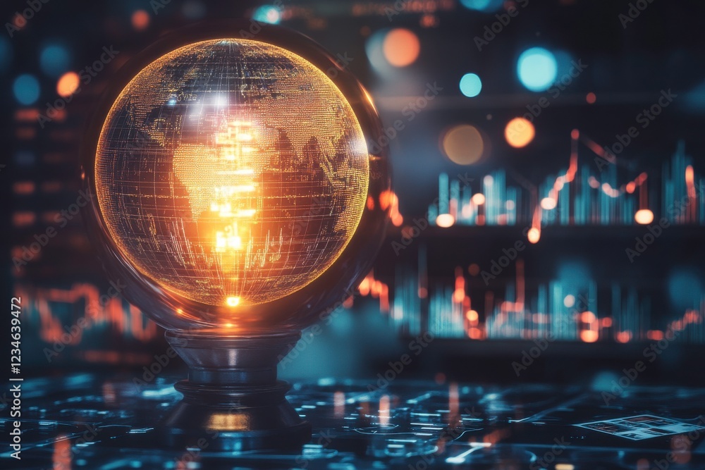 Poster a glowing globe displays intricate maps against a backdrop of digital data visuals, symbolizing glob