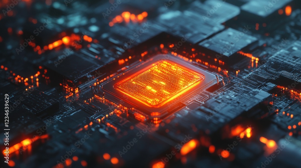 Poster a glowing microchip surrounded by intricate circuits, showcasing advanced technology in a dark, futu